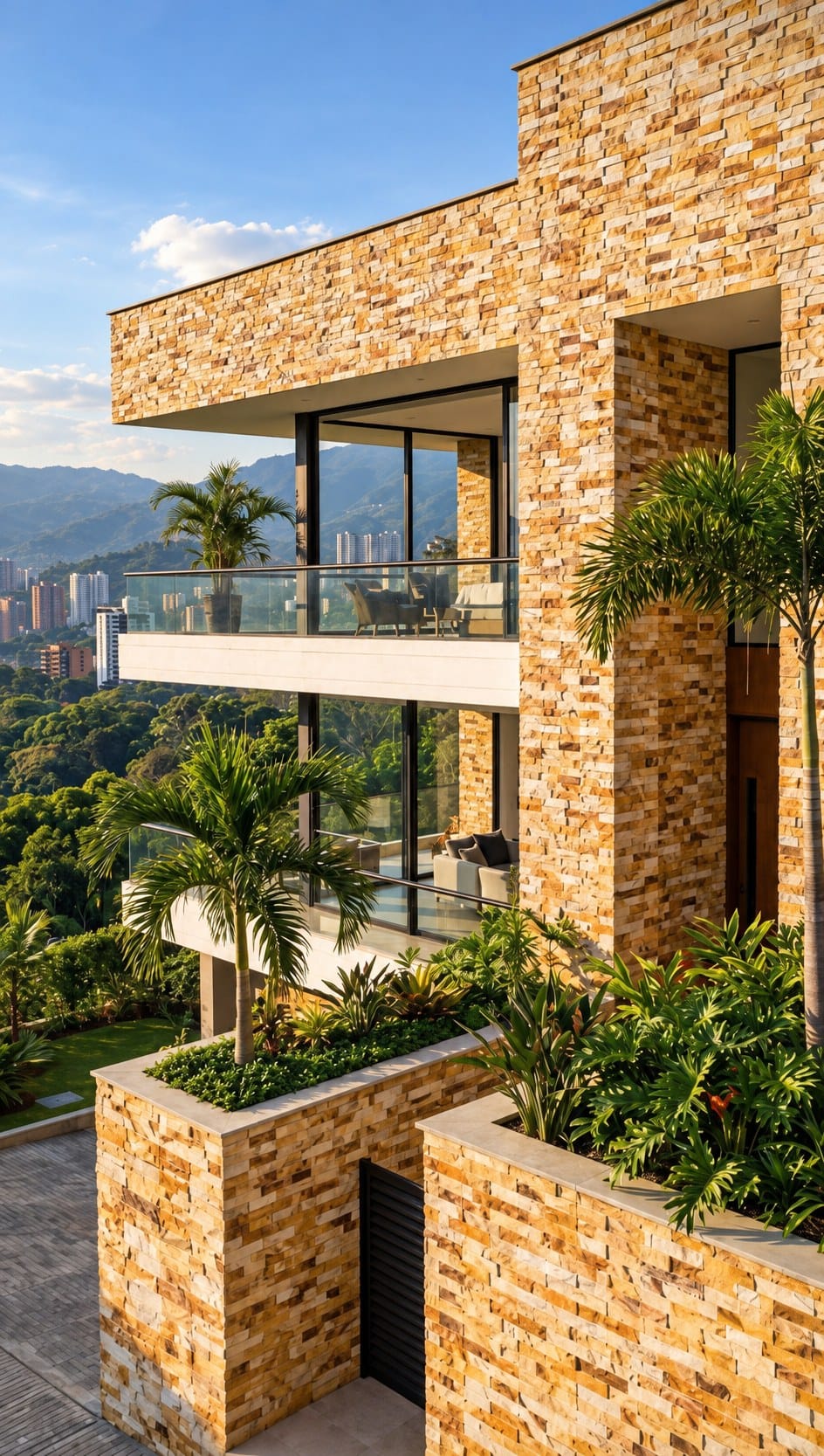 Casa contemporánea con muros y jardineras en Piedra Cortada Amarilla Atardecer, obra de Piedras y Enchapes