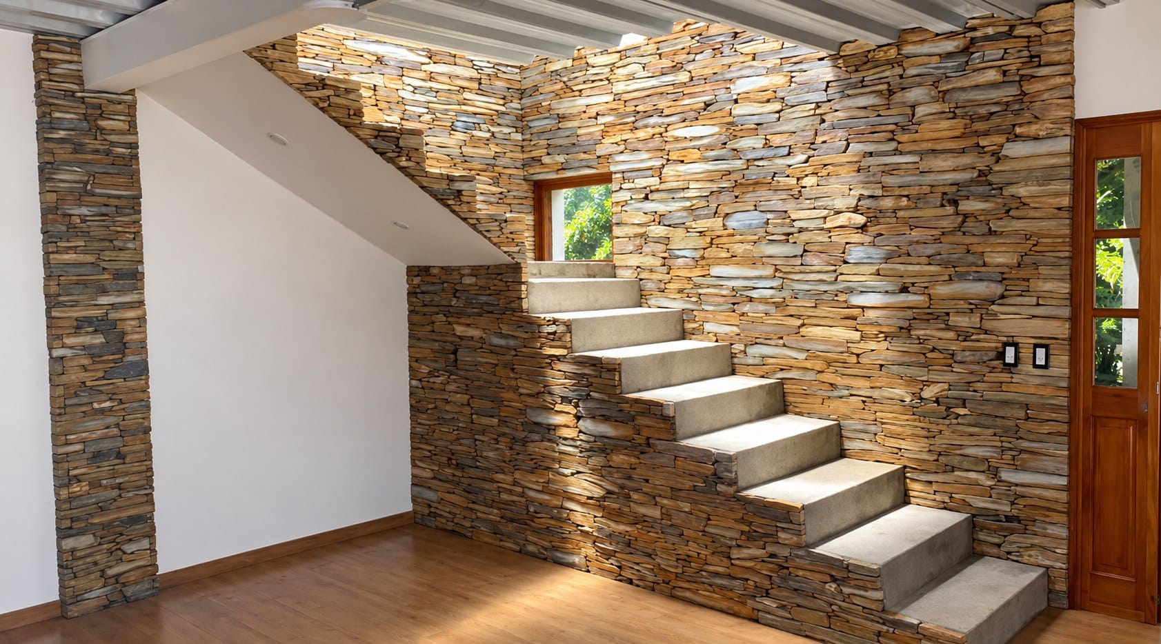 Escalera interior con muros en Vallado Liso Amarillo San Andrés, obra de Piedras y Enchapes