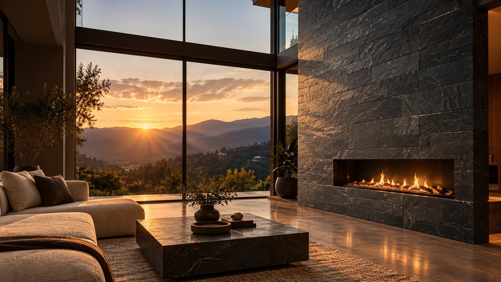 Sala con chimenea revestida en Piedra Cortada Negra Pizarra y ventanal a las montañas al atardecer