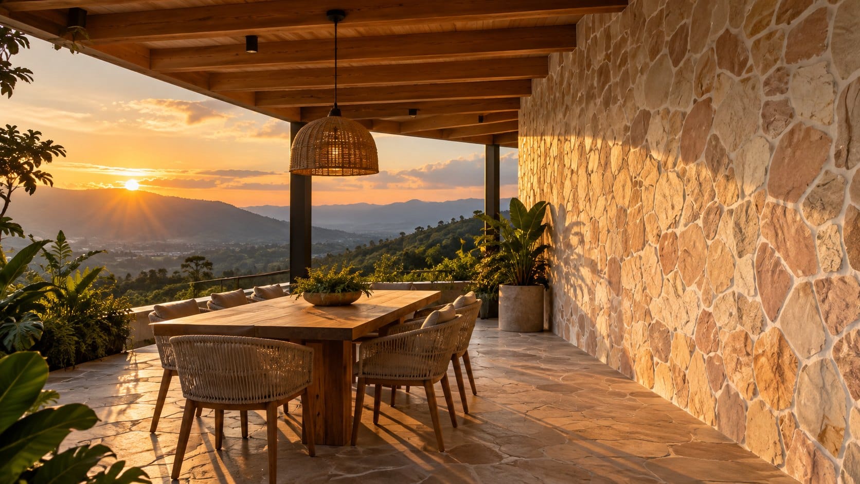 Terraza cubierta con muro en Laja Atardecer, mesa de comedor y vista a las montañas al atardecer