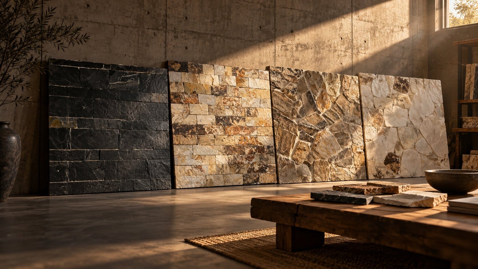 Muestras de piedra natural de la colección de Piedras y Enchapes en un taller iluminado por el sol de la tarde